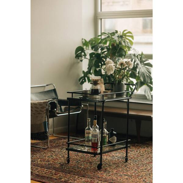 Stylish Black Drinks Trolley With Two Glass Shelves & Casters - Art Deco Home Bar Cart
