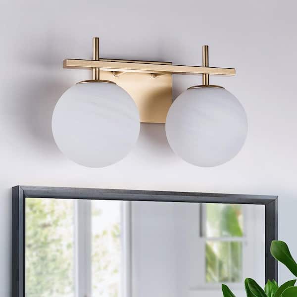 Raleigh 14 in. 2-light Modern Gold Dimmable Wall Sconce With White Cloud Glass Lampshade