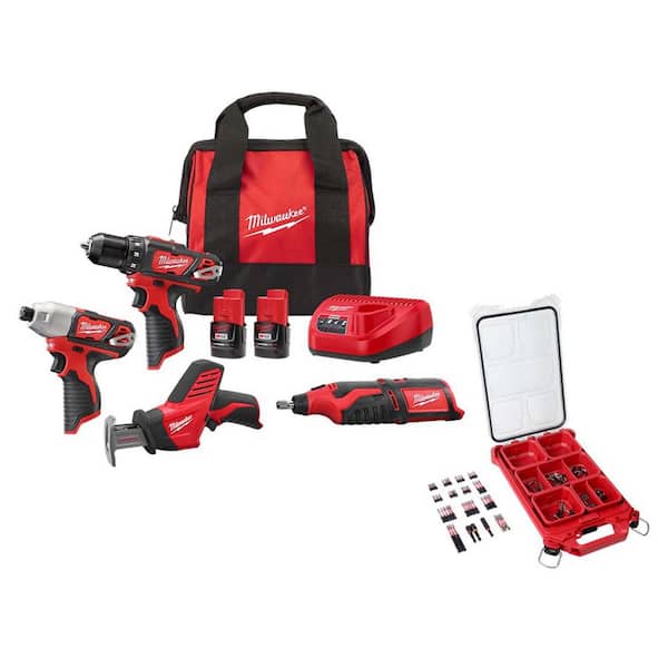 M12 12V Li-Ion Cordless 4-Tool Combo Kit w (2) Compact 1.5Ah Batteries, Charger & Bit Set with PACKOUT Case (100-Pc)