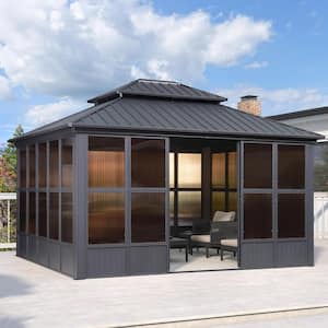 12 ft.x14 ft.Sunroom Hardtop Gazebo Solarium Galvanized Steel Double Roof Aluminum Screen House Patio Deck Backyard Gray