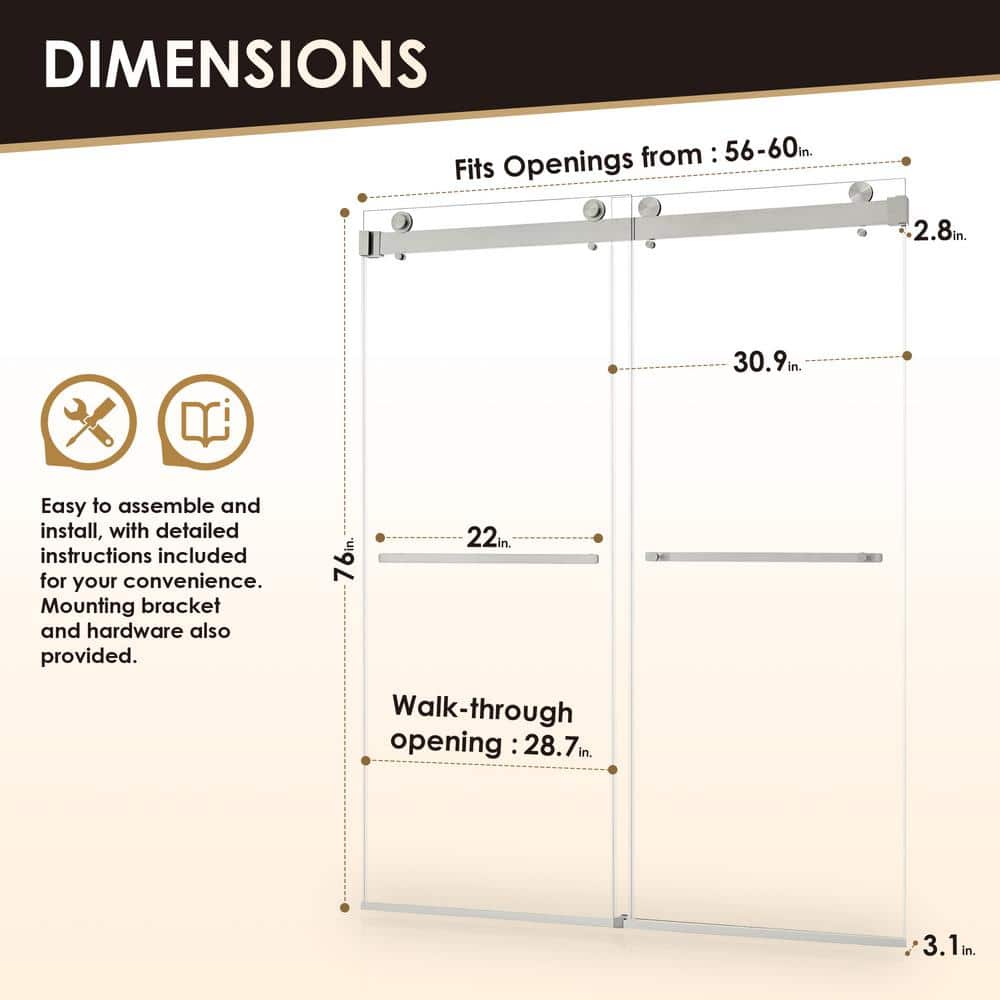 Bolani Frameless Clear Glass Shower Door with Brushed Nickel Hardware