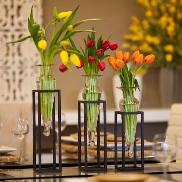 DANYA B 18 in., 16 in. and 14 in. Glass Decorative Amphora Vase on Square Tubing Metal Stands in Clear Glass (Set of 3)