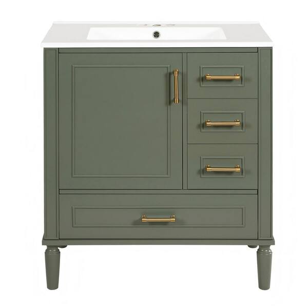 30 in. W x 18.3 in. D x 34 in. H Single Sink Solid Wood Frame Bath Vanity in Olive Green with White Ceramic Top
