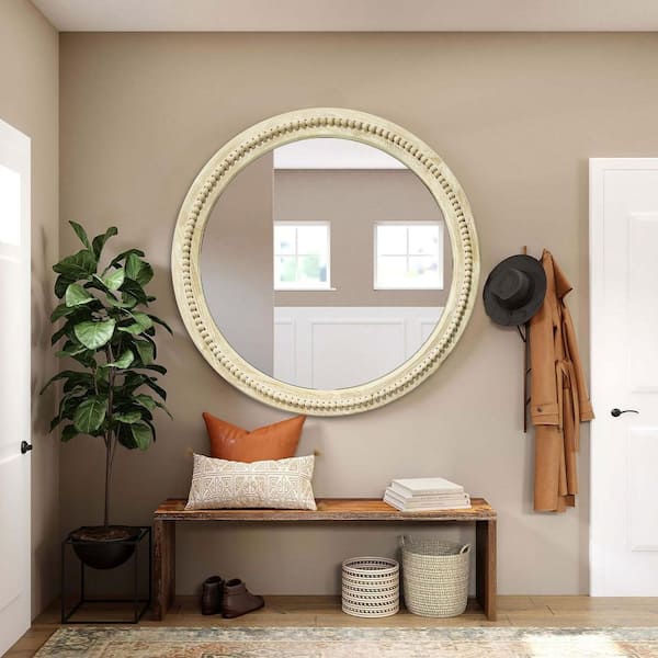 36 in. W x 36 in. H Bohemian Carved Beaded Round Wood Frame Wall Mirror Decorative Mirror