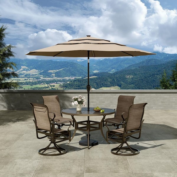 5-Piece Brown Cast Aluminum Outdoor Patio Dining Set with Round Retro Table and Textilene Seat Swivel Chairs