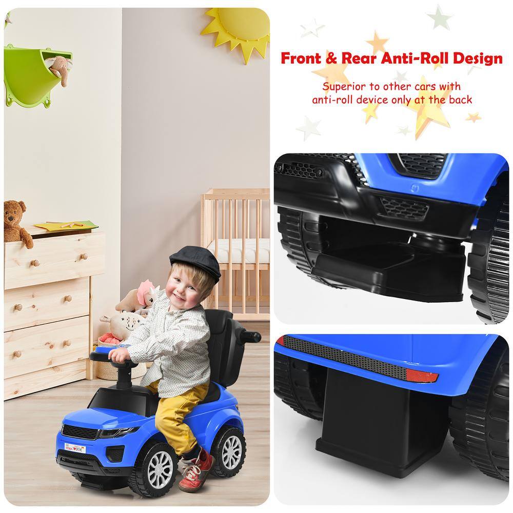 Blue 3-in-1 Ride-On Push Car Stroller with Music