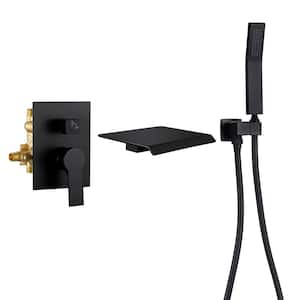 Single-Handle Waterfall Wall Mount Roman Tub Faucet with Hand Shower Modern 3 Hole Brass Bathtub Fillers in Matte Black