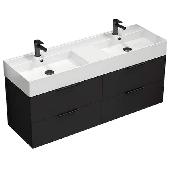 Nameeks Derin 55.51 in. W x 18.11 in. D x 25.2 in . H Wall Mounted Bath Vanity in Matte Black with Vanity Top Basin in White