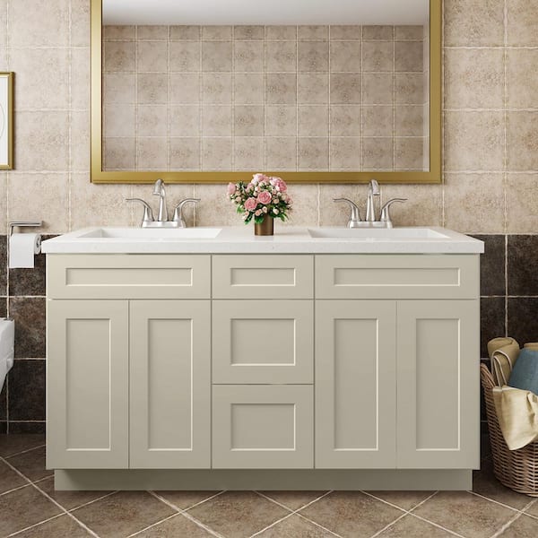 Hausvita 60 in. W x 21 in. D x 34.5 in. H in Antique White Plywood Ready to Assemble Floor Vanity Sink Base Kitchen Cabinet