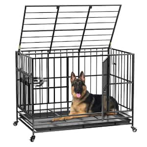 49 in. Heavy-Duty Dog Crate Cage Kennel with Wheels/360° and Adjustable 2 Alloy Bowls/Unique Air Lift Rod