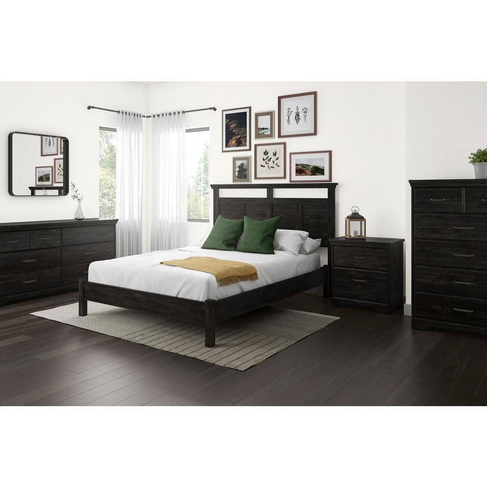 Rustic Rubbed Black 2-Drawer Nightstand with Elegant Metal Handles