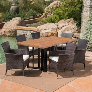 Taylor Multi-Brown 7-Piece Faux Rattan Outdoor Dining Set with Beige Cushions