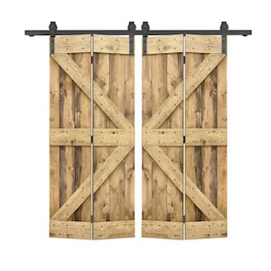 40 in. x 84 in. K Series Solid Core Weather Oak Stained DIY Wood Double Bi-Fold Barn Doors with Sliding Hardware Kit