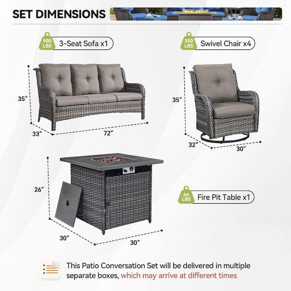 6-Piece Gray Wicker Fire Pit Conversation Set with Olefin Gray Cushions and 4 Swivel Glider Chairs and Couch