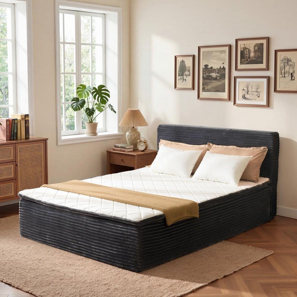 Allwex Zuke Gray Plush Corduroy Memory Foam Frame Queen Size
