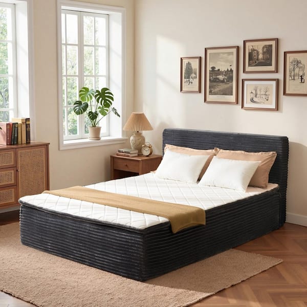 Zuke Gray Plush Corduroy Memory Foam Frame Queen Size Upholstered Platform Bed in a Box with No Assembly Required
