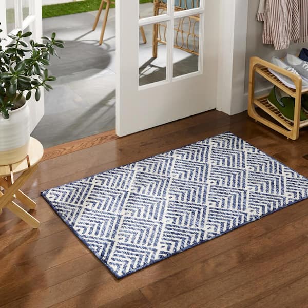 Everyday Walker Modern Stripe Navy Blue 24 in. x 40 in. Machine Washable Kitchen Mat