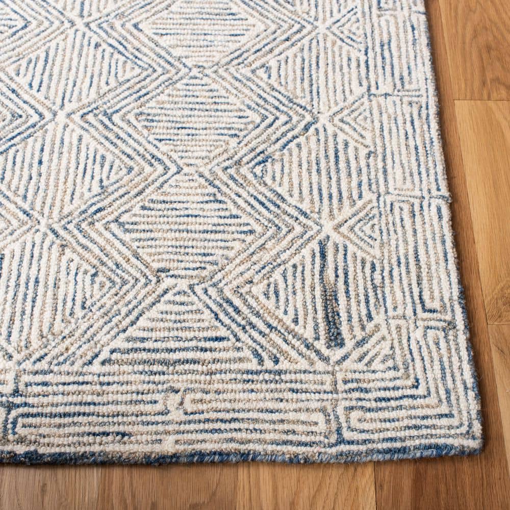Blue and Ivory Handmade Wool 9' x 12' Geometric Area Rug