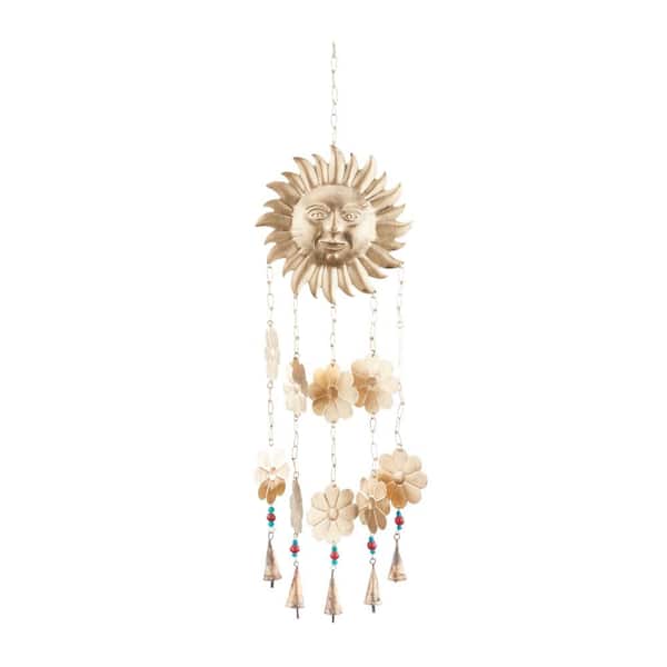 Litton Lane 32 in. Gold Metal Floral Sun and Flowers Windchime with Glass Beads and Cone Bells