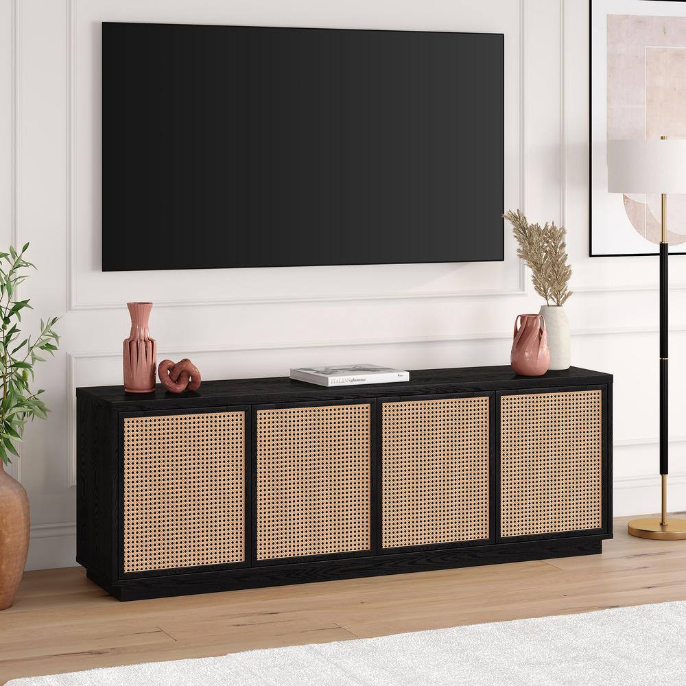 Black Grain Faux Rattan 78" TV Stand with Cabinets