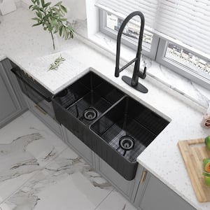 Fireclay 33 in. Striped Design Reversible Installation Double Bowl Farmhouse Apron Kitchen Sink with Faucet