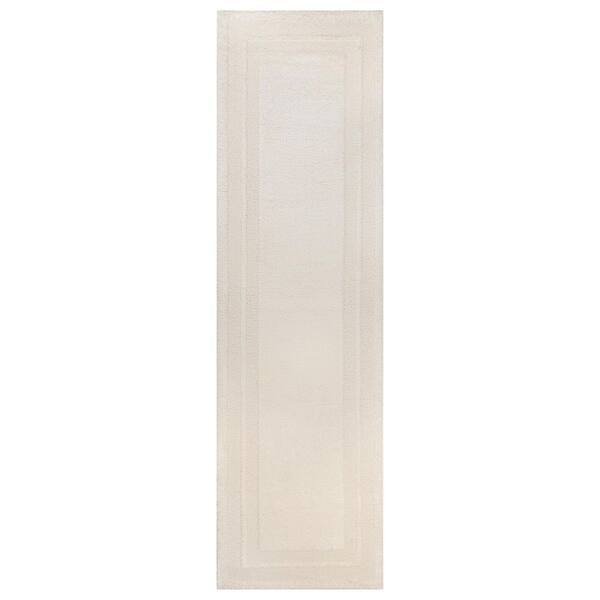 Solid Framed Border Power Loomed Soft Shag High-Low Indoor 2 ft. x 8 ft. White Area Rug