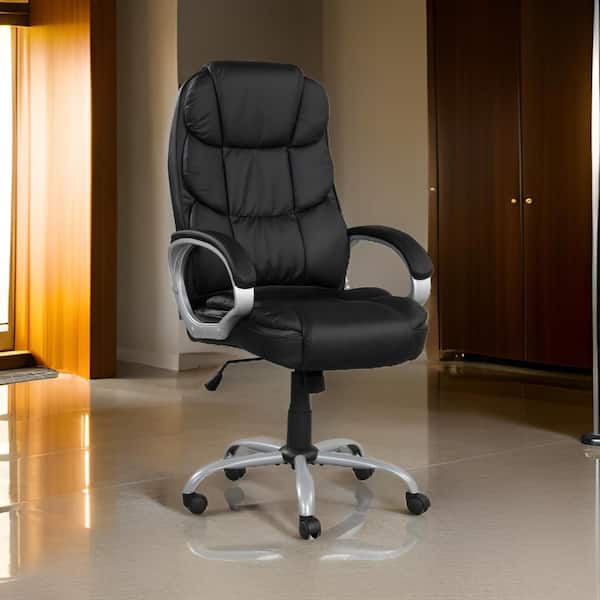 Benjara Vegan Faux Leather 360° Swivel Ergonomic Office Chair in Black and Silver with Arms