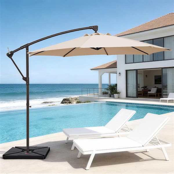 Curvy 10 ft. Steel Large Cantilever Patio Umbrella with Cross Base in Beige