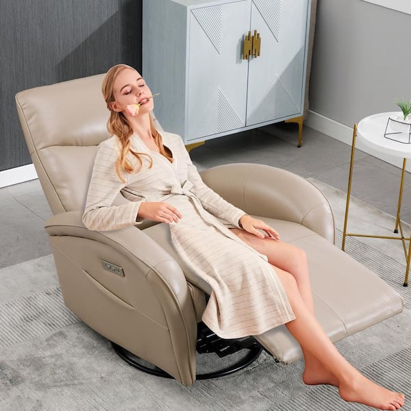36.23 in. Brown Faux Leather Swivel Recliner with Power Lumbar Support, 270° Swivel with USB and Type-C Ports