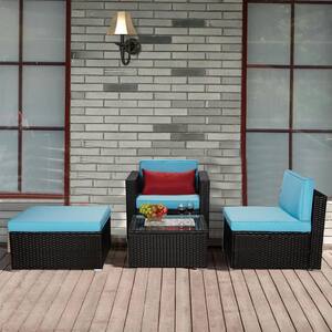 4-Piece Brown Wicker Patio Conversation Set with Blue Cushions