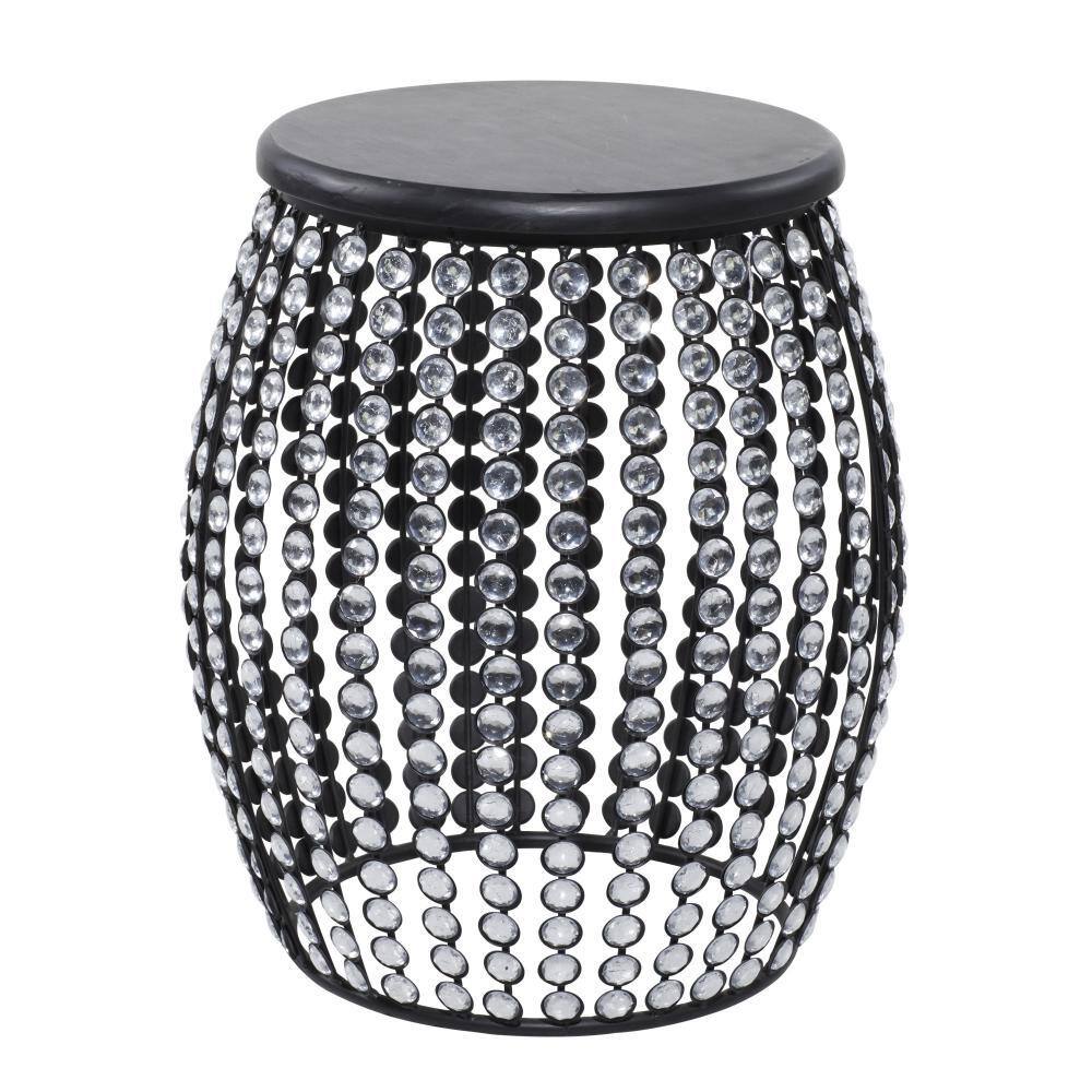 Glam Black Iron and Wood Round Accent Table with Crystal Embellishments