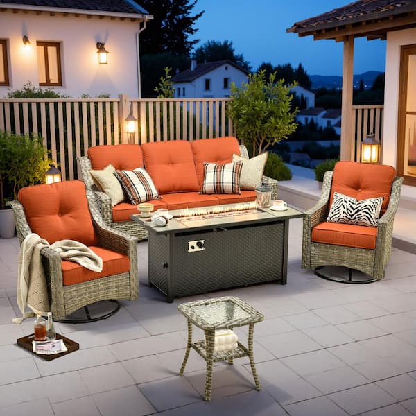 Cherry 5-Piece Wicker Outdoor Fire Pit Furniture Patio Conversation Sofa Set with Swivel Chairs and Orange Red Cushions