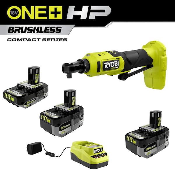 RYOBI ONE 18V HIGH PERFORMANCE Kit w 2 4.0 Ah Batteries 2.0 Ah Battery Charger ONE HP Brushless 3 8 In. Ratchet PSBRC26B PSK108SB The Home Depot