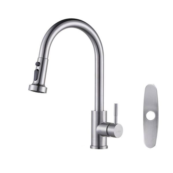 3-Mode Single Handle Pull Down Sprayer Kitchen Faucet with Deckplate in Brushed Nickel