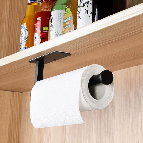 Wall Mount Matte Black Paper Towel Holder Self Adhesive Under Cabinet for Kitchen, No Drill, Stainless Steel