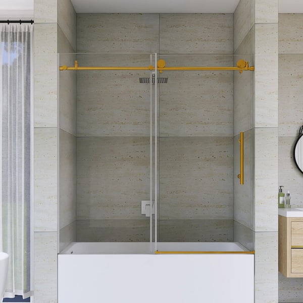 56-60 in. W x 60 in. H Sliding Frameless Tub Shower Door in Brushed Gold with Clear Glass