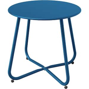 Peacock Blue Round Steel Patio Outdoor End Table, Weather Resistant Large Outside Side Table for Garden Balcony Yard