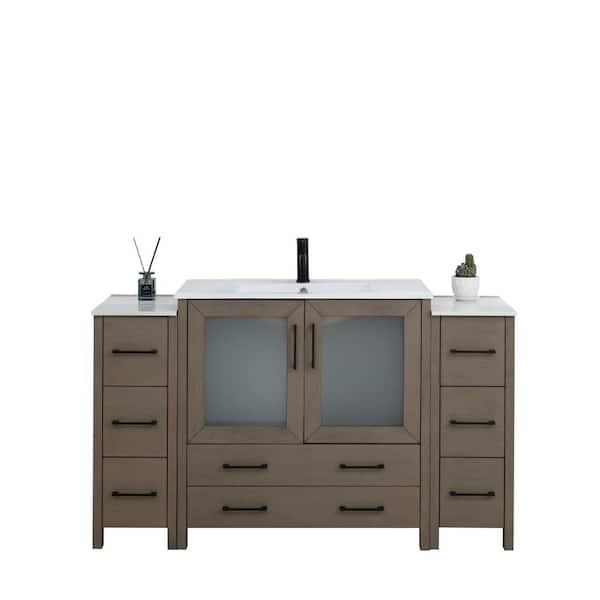 Vanity Art 60 in. W x 18 in. D x 36 in. H Driftwood Gray Bath Vanity with White Ceramic Top and Mirror