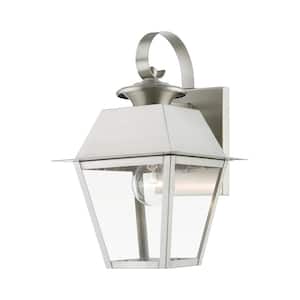 Helmsdale 12.5 in. 1-Light Brushed Nickel Outdoor Hardwired Wall Lantern Sconce with No Bulbs Included