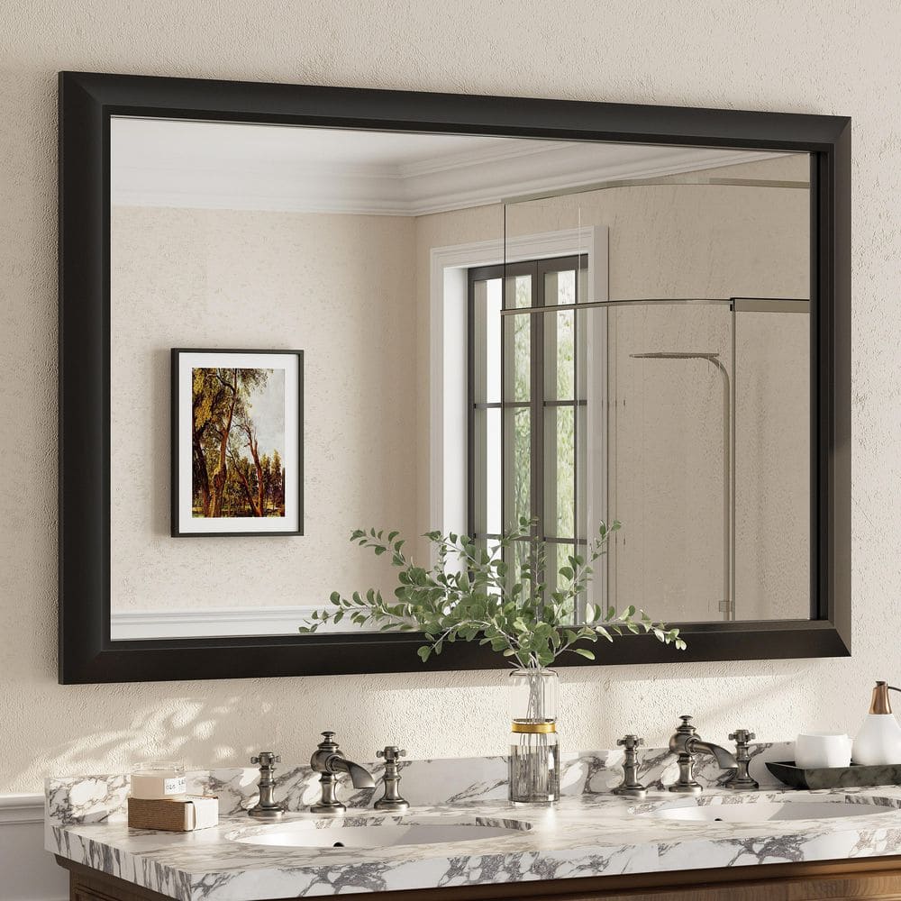 55 in. W x 36 in. H Rectangular Aluminum Alloy Framed and Tempered Glass Wall Bathroom Vanity Mirror in Matte Black price history on PriceWatchPro