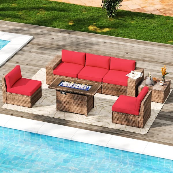 SUNMTHINK 7-Piece Outdoor Rattan Wicker Set Covers Sectional Set with Fire Pit Table, Red cushions