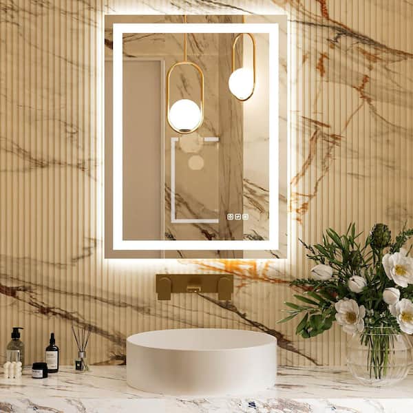 24 in. W x 32 in. H Rectangular Frameless LED Anti-Fog Tempered Glass Dimmable Wall Bathroom Vanity Mirror with 3-Color