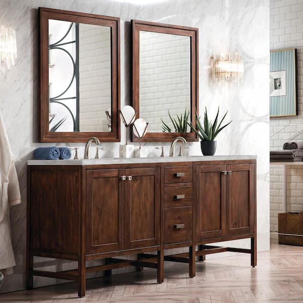 James Martin Vanities Addison 72 in. W x 23.5 in. D x 35.5 in. H Double Double Vanity in Mid-Century Acacia with Victorian Silver Quartz Top