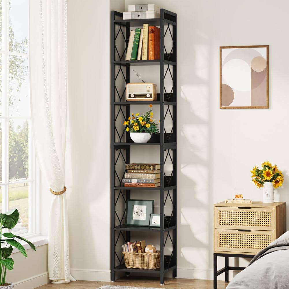 78 Modern Black & Gold Etagere Bookshelf Display 8-Shelf Tall Book Shelf with MDF and Stainless Steel Frame