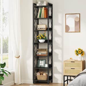 Jannelly 79 in. Black 7-Shelf Wood and Metal Etagere Bookcase Bookshelf, Tall Narrow Corner Shelf Storage Display Rack