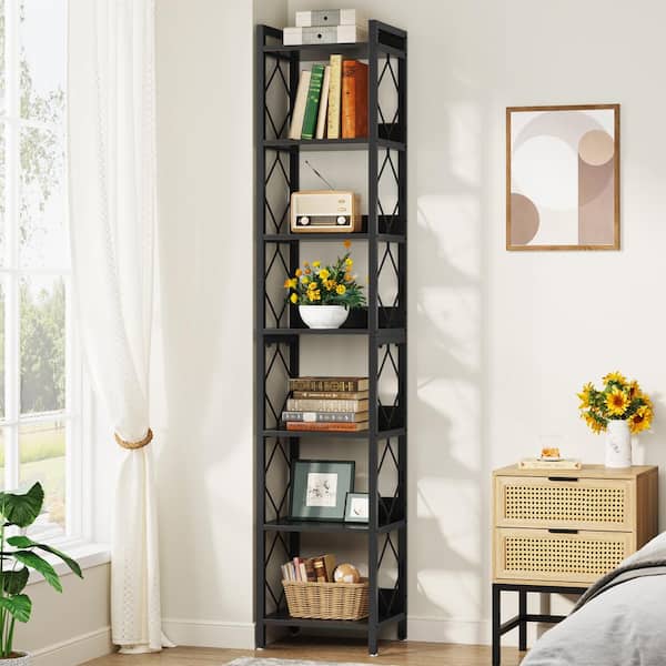 TRIBESIGNS WAY TO ORIGIN Jannelly 79 in. Black 7-Shelf Wood and Metal Etagere Bookcase Bookshelf, Tall Narrow Corner Shelf Storage Display Rack