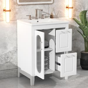Modern 24 in. W x 18.3 in. D x 33.2 in. H Freestanding Bath Vanity in White with White Ceramic Top, Two Drawers and Door