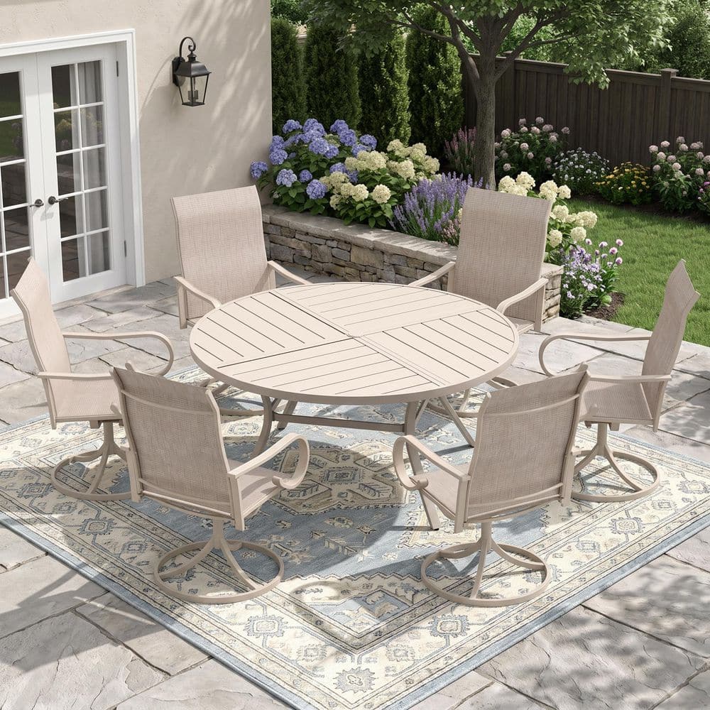 7-Piece Metal Outdoor Dining Set with 53.1 in. Sandshell Round Table and 6 Textilene Swivel Chairs with Sandshell Fabric price history on PriceWatchPro