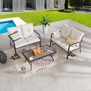 3-Piece Metal Outdoor Patio Conversation Set with Beige Cushions