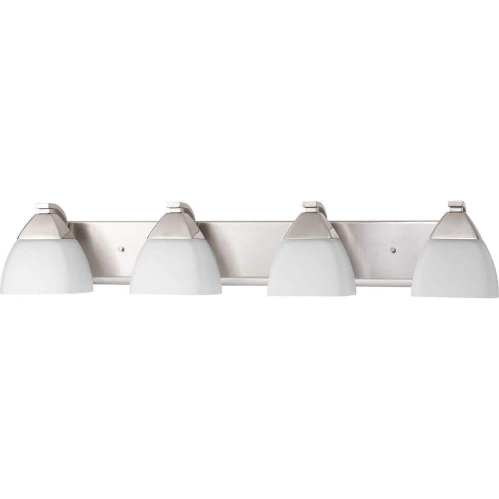 Brushed Nickel 4-Light Bath Vanity with Etched White Glass Shades